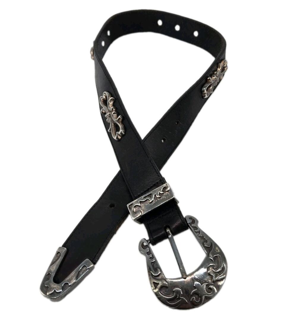 Vtg 90s Brighton Ornate Scroll Silver Tone Black Leather Belt 26" Sz S